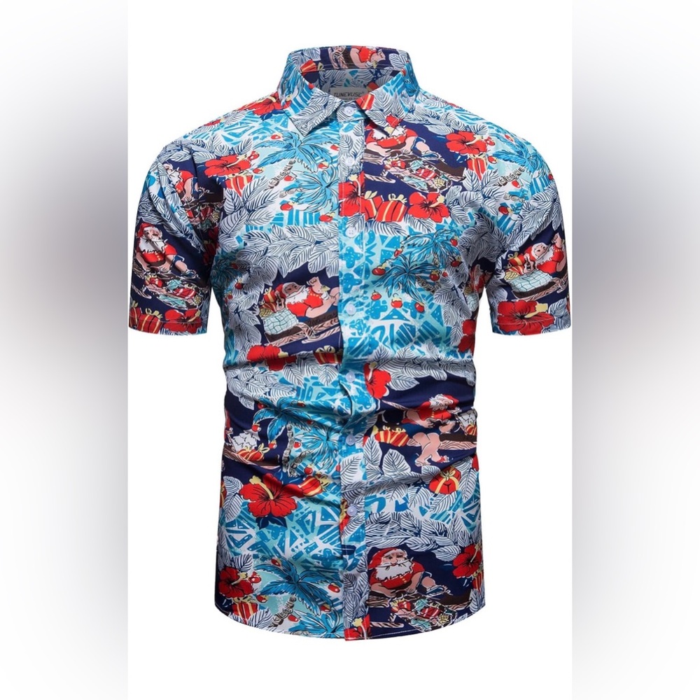 NWT Men's Tropical Hawaiian Santa Print Shirt ~Large